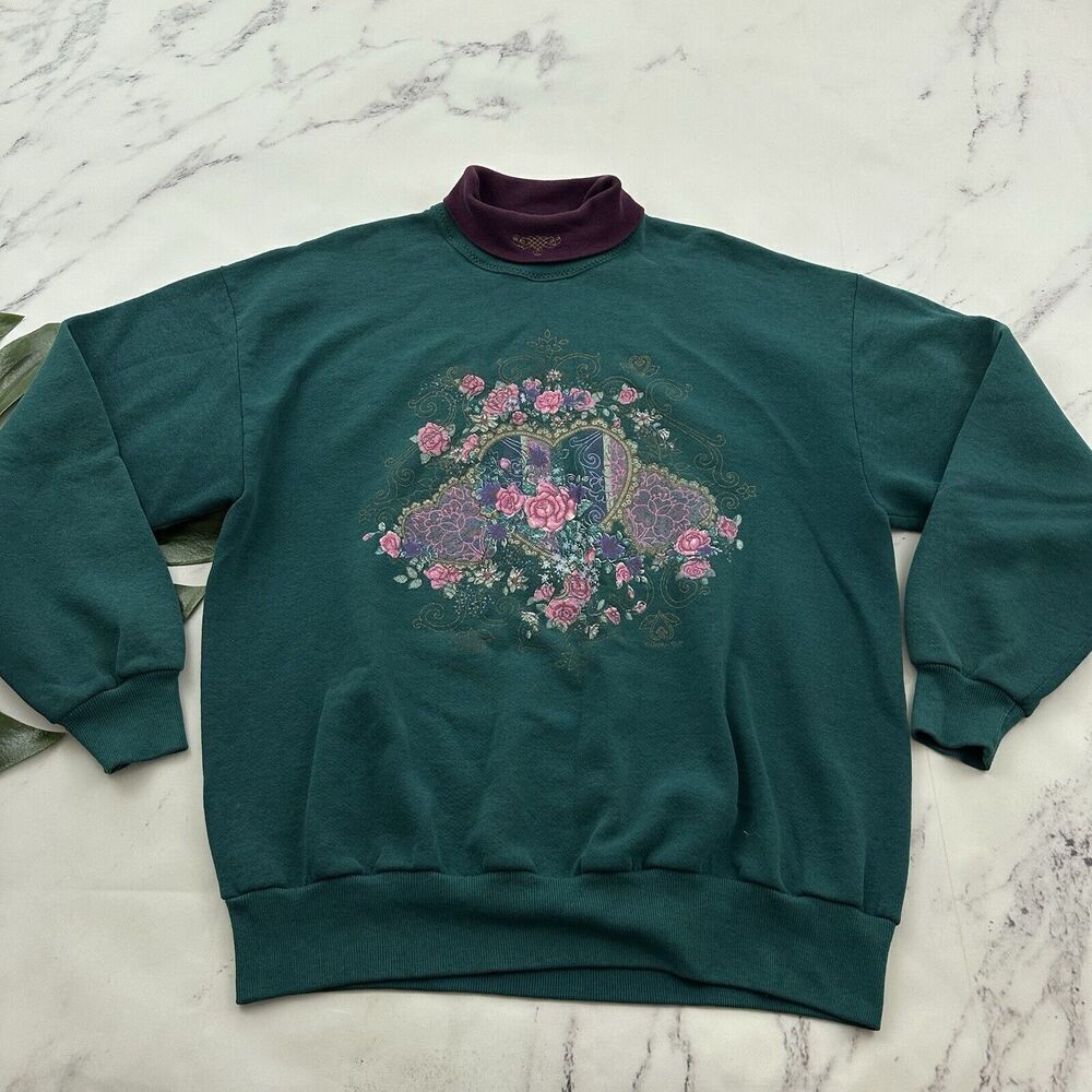 Womens Vintage 90s Pullover Sweatshirt Size L Green Purple Turtleneck Floral